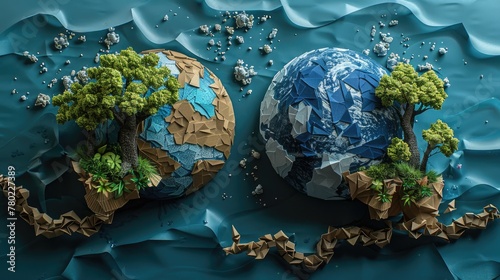 A conceptual piece showing a split earth one side flourishing and the other polluted photo
