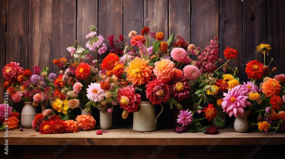vibrant flowers arranged on a wooden background, the natural beauty of the blooms complementing the rustic warmth of the wood