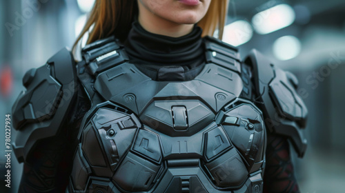 Close-up of a young woman wearing a detailed futuristic body armor suit, focusing on the torso.
