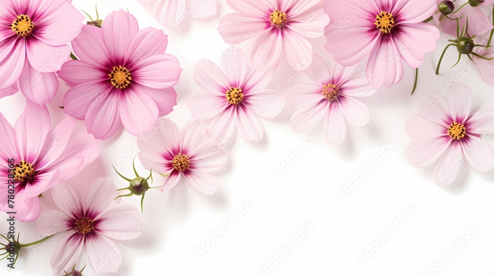 Overhead shot of a cluster of cosmos flowers against a clean white background, providing ample space for your text. Overhead shot of a cluster of cosmos flowers against a clean white background, providing ample space for your text.