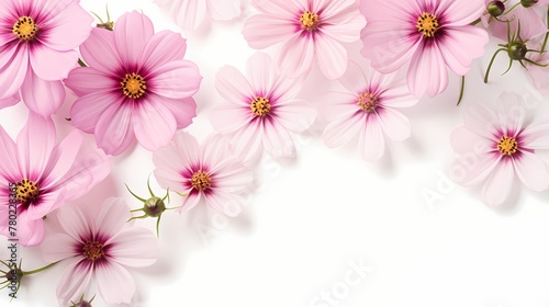 Overhead shot of a cluster of cosmos flowers against a clean white background, providing ample space for your text.