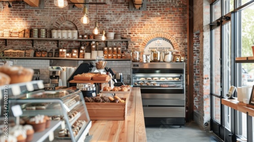 A modern and trendy bakery with exposed brick walls and a sleek Podium dispenser showcasing the latest glutenfree and vegan treats . . photo