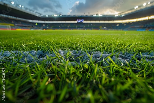 Lush Green Football Pitch Illuminated by Evening Lights Awaiting the Thrilling Match Ahead