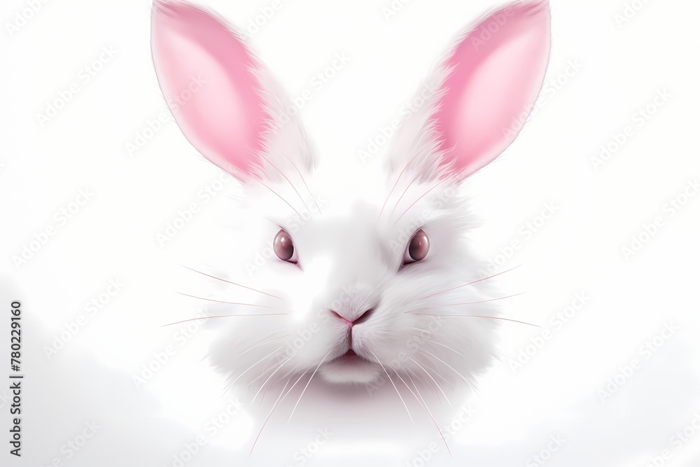 A playful rabbit face in white and pink on a white background