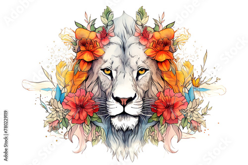 Image of a lion head with colorful tropical flowers on white background. Wildlife Animals.