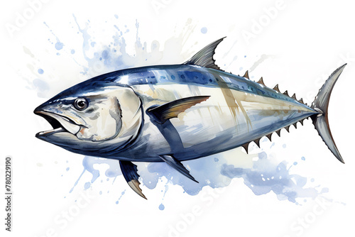 Watercolor painting of skipjack tuna on white background. Fish. Food. Undersea animals. Illustration, Generative AI.