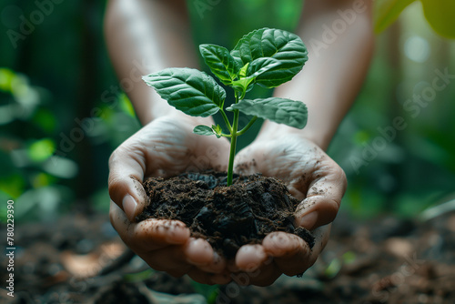 Hands of a young woman planting a seedling into the soil