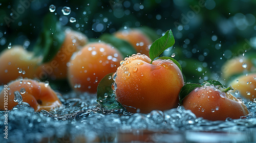 Fresh peaches with water droplets splashing around, captured in a dynamic, close-up shot photo