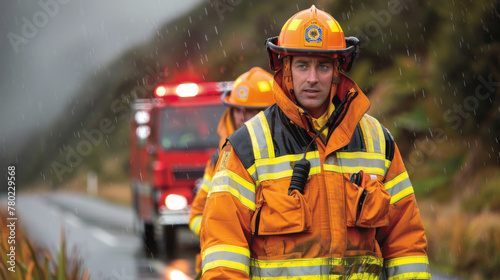 Focused firefighter with helmet and reflective jacket stands ready in the rain with fire engine in the background.