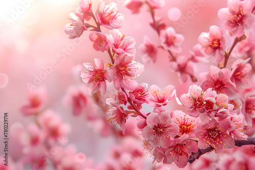 Blossoming pink sakura branch with flowers in a serene spring nature background.
