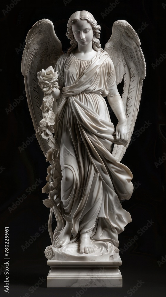 White classic sculpture of the full-length angel made of shining marble isolated on black background