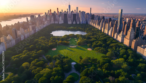 Aerial Photo of Over Central Park with Nature, Trees, People Having Picnic and Resting on a Field Around Manhattan Skyscrapers,  Cityscape, Beautiful Evening, Warm Sunset Light, freely photo
