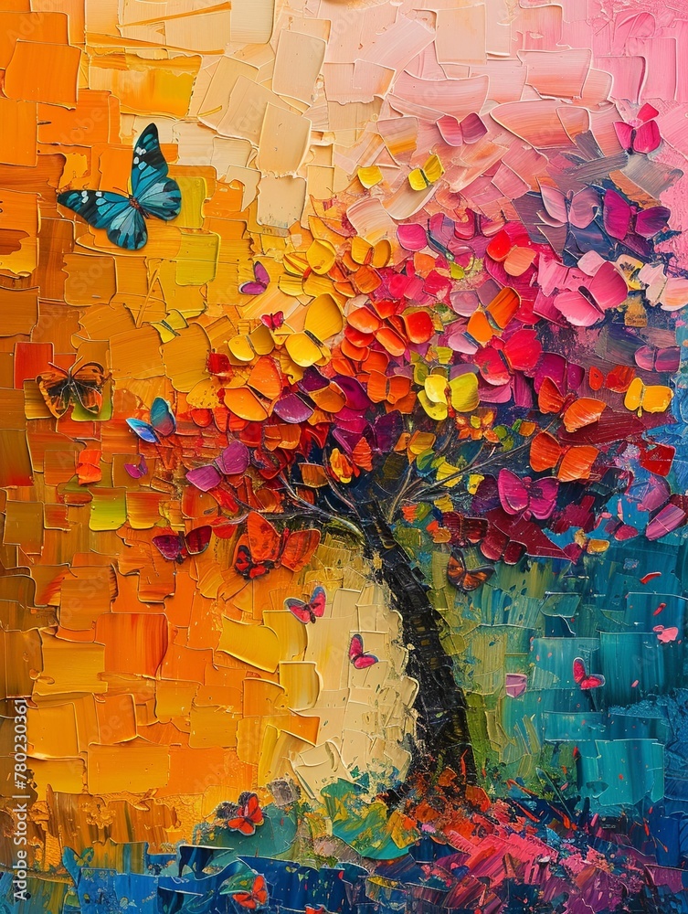 Fototapeta premium Colorful abstract of a tree and butterfly, oil paint with palette knife, on a lively background, highlighted with dramatic lighting