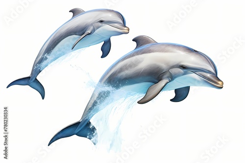 A pair of playful dolphins jumping in synchronized harmony, isolated on white solid background