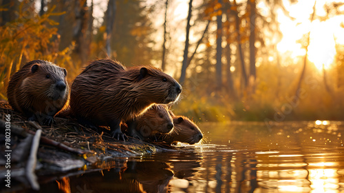 Beaver family sitting at the bank of the forest river with setting sun. Group of wild animals in nature.