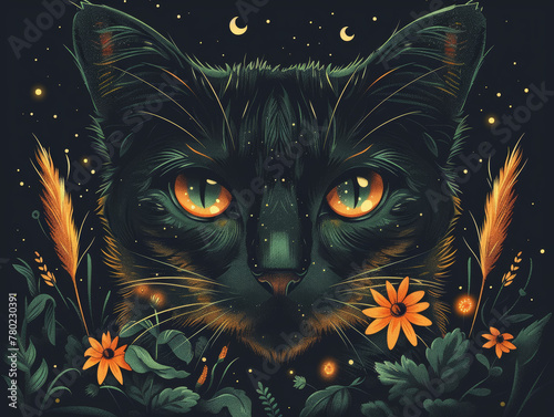 Dark illustration of a cat with orange eyes surrounded by flowers and stars, ai generated photo
