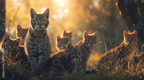 Wild cat family in the forest in the summer evening with setting sun. Group of wild animals in nature. photo