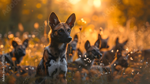Wild dogs standing in the forest with setting sun shining. Group of wild animals in nature.