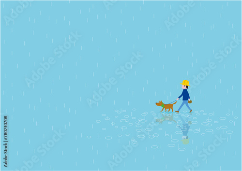 雨の中をイヌと散歩している男性のイラスト
