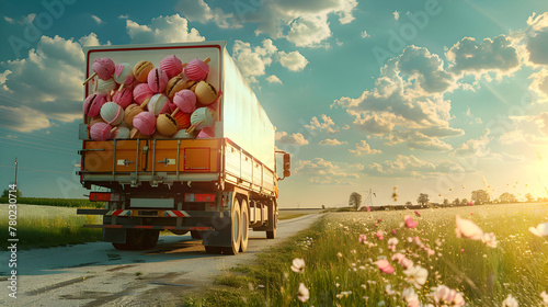 Cargo truck full of ice creams on the road in the summer countryside. Concept of high quality food products, summer refreshment, cargo and shipping. photo