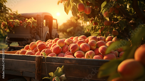Cargo truck carrying peach fruit in an orchard with sunset. Concept of food production, transportation, cargo and shipping.