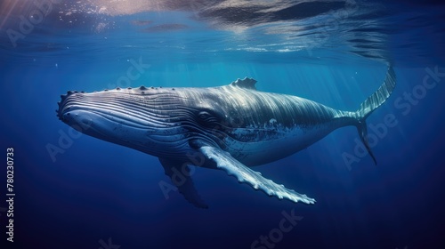 Blue Whale gracefully swimming in the deep blue ocean  sunlight penetrating water  rays around the whale  whales barnacle  eye expression and water droplets