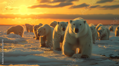 Polar bear family in the arctic region with setting sun shining. Group of wild animals in nature.