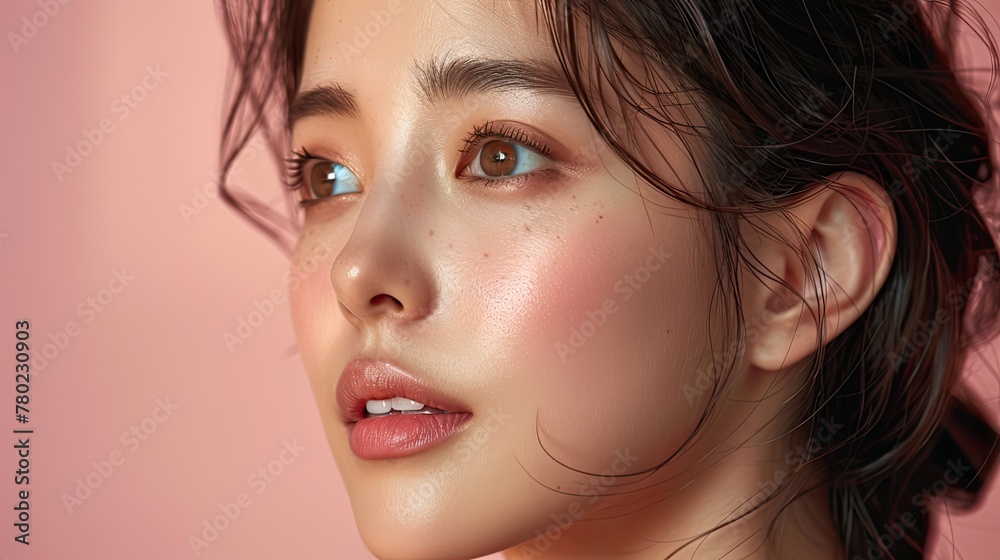 asian woman's face look so fresh and glass glowing without makeup on neutral background asian woman's face look so fresh and glass glowing without makeup on neutral background
