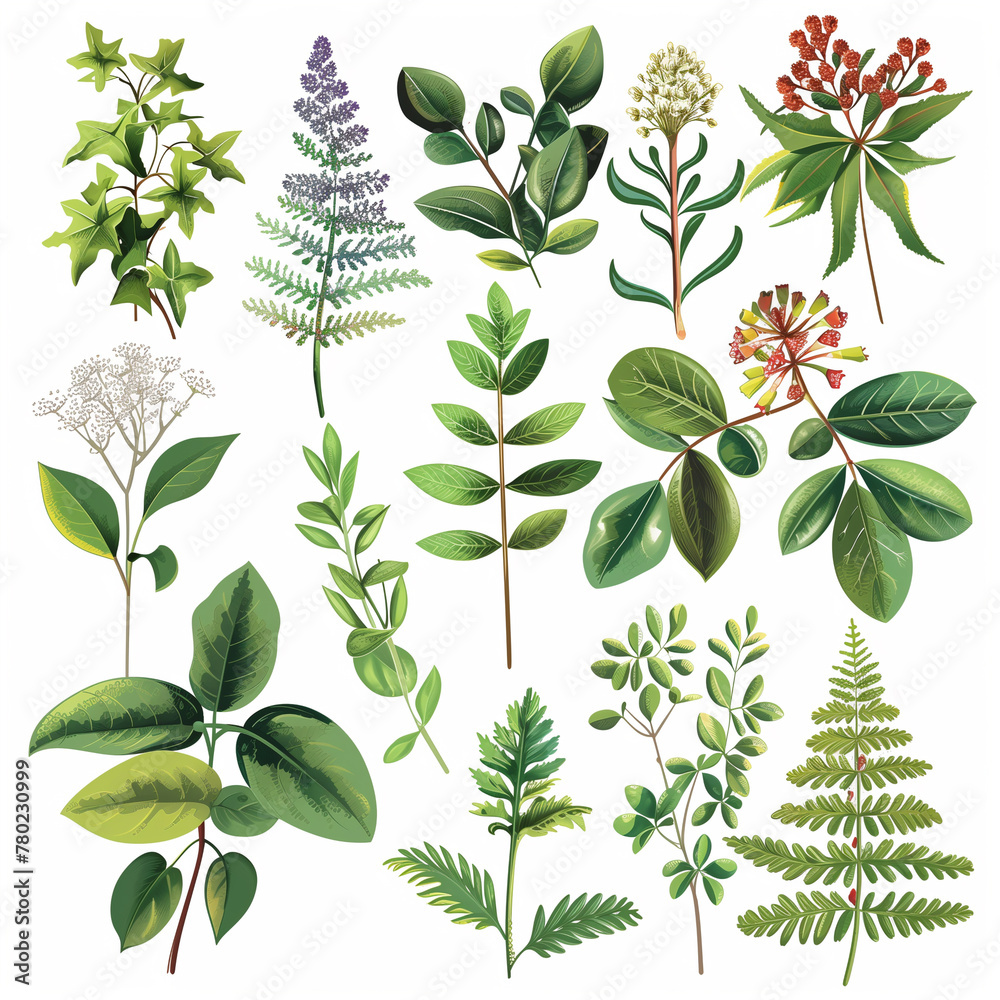 Naklejka premium Set of illustration featuring a various of plant on white background, Generative AI 