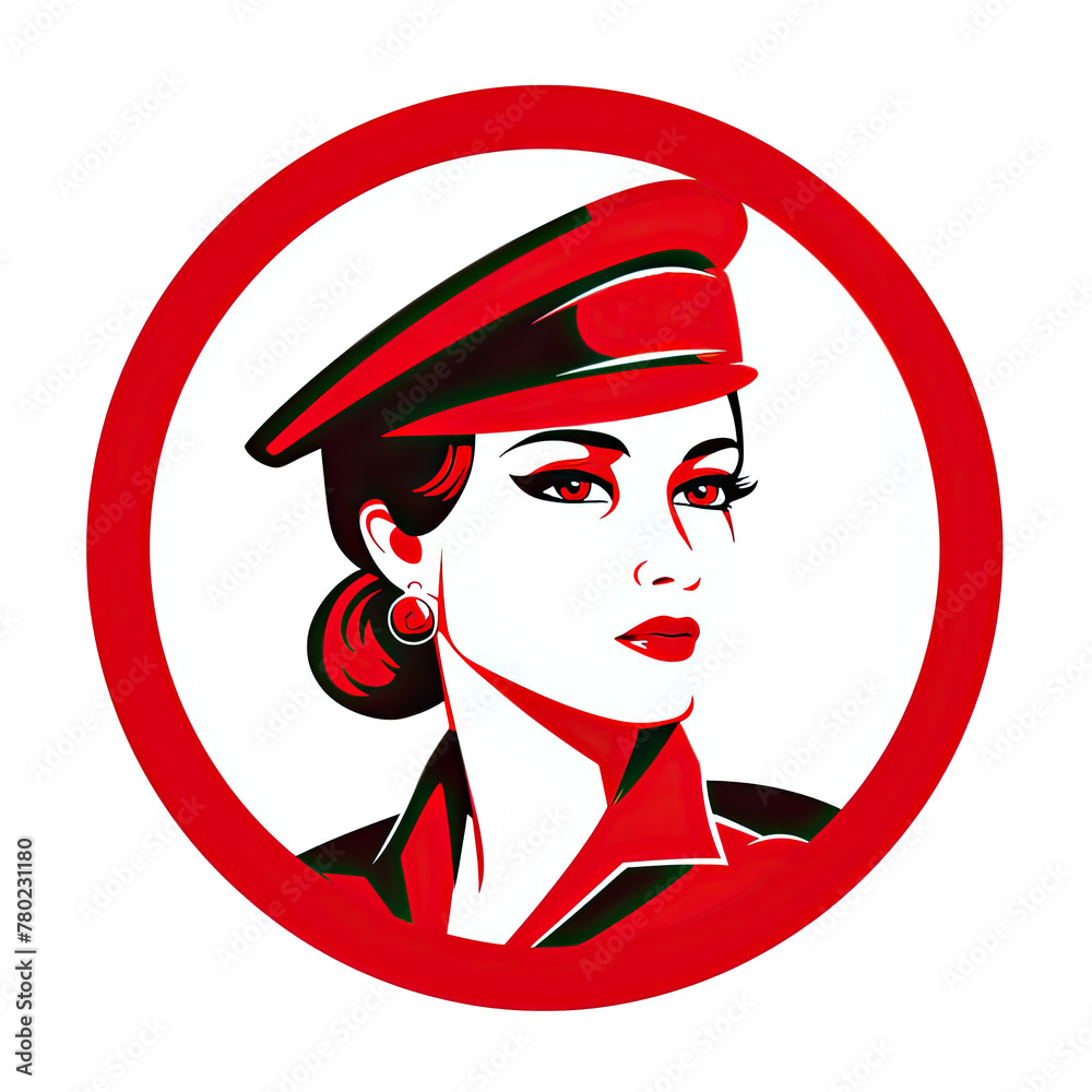 A logo of a woman soldier with a red hat on a white background within a circle - obrazy, fototapety, plakaty 