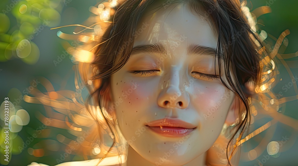 Japanese woman's raw face without makeup, show glowing smooth skin under sunlight. She closes her eyes due to sunlight Japanese woman's raw face without makeup, show glowing smooth skin under sunlight. She closes her eyes due to sunlight