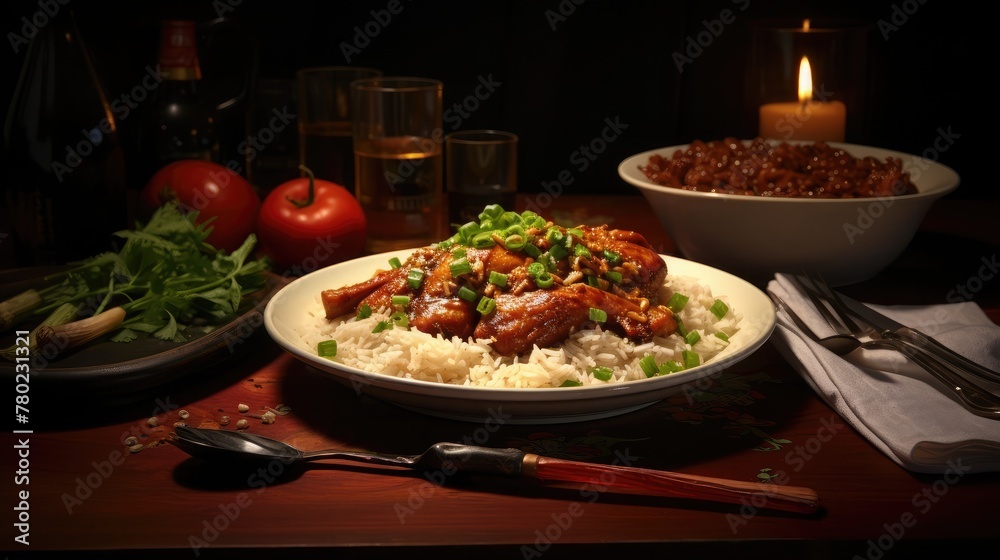 table set with a plate of chili chicken adorned with finely chopped onions, capturing the essence of the dish in the best lighting conditions