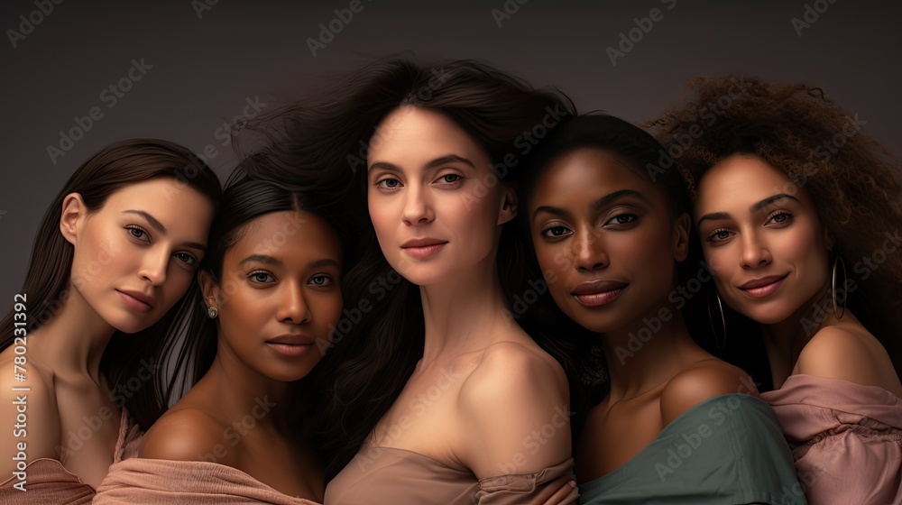 showcasing the beauty of diversity with women of varied skin colors standing together, embracing unity and inclusivity