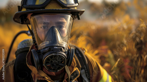 Portrait of a firefighter wearing a respirator mask standing in a golden field.