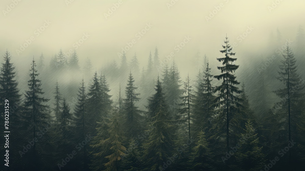 misty landscape featuring a fir forest, captured in vintage retro style photography, where the soft mist envelops the trees and imparts a timeless quality to the scene misty landscape featuring a fir forest, captured in vintage retro style photography, where the soft mist envelops the trees and imparts a timeless quality to the scene