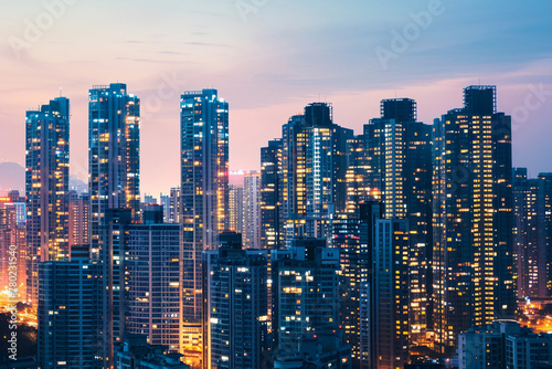 A modern urban skyline at dusk