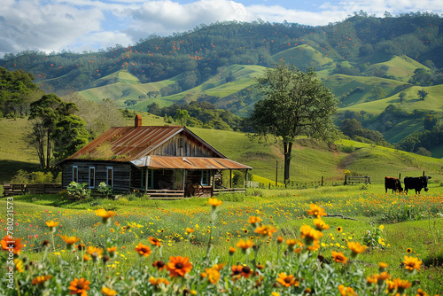 A rustic farmhouse surrounded by rolling hills fields of flowers