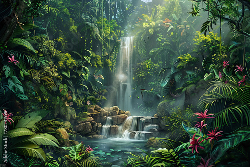A tropical rainforest with exotic flora fauna