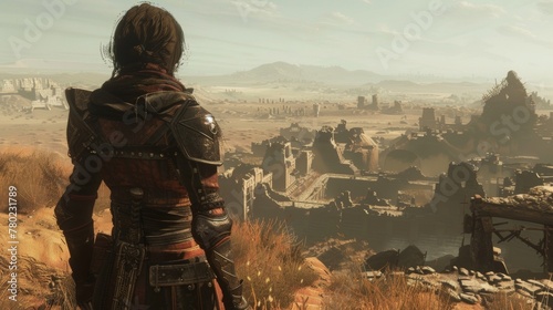 A person clad in worn leather armor stands with their back to the camera overlooking a desolate landscape dotted with ruins and ancient . .