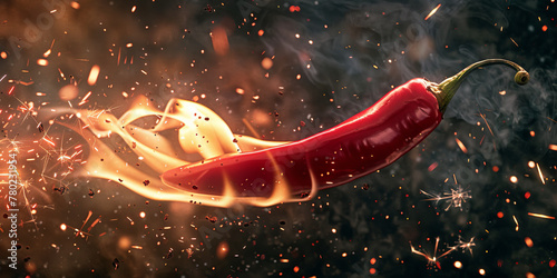 red chili pepper with fire and sparks flying around it, generative AI photo
