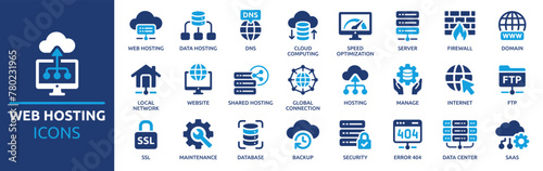 Web hosting icon set. Containing cloud computing, server, domain, firewall, internet, FTP, database, SSL, data hosting and more. Solid vector icons collection. © Icons-Studio