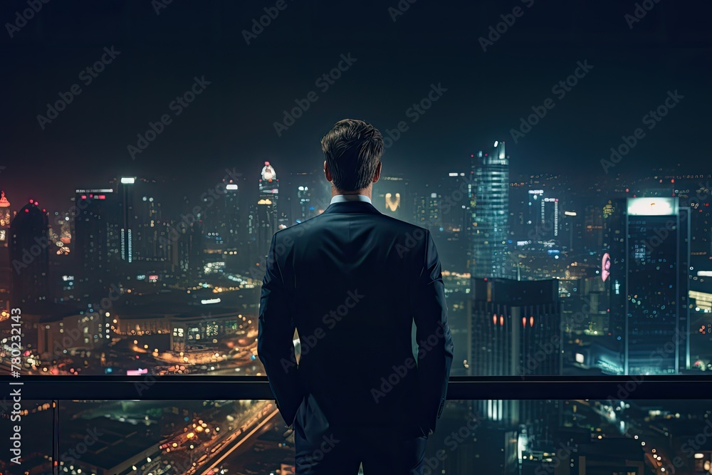back view of a business man standing amidst the mesmerizing night cityscape, with hologram lights illuminating the urban environment, Business man standing on city back view of a business man standing amidst the mesmerizing night cityscape, with hologram lights illuminating the urban environment, Business man standing on city