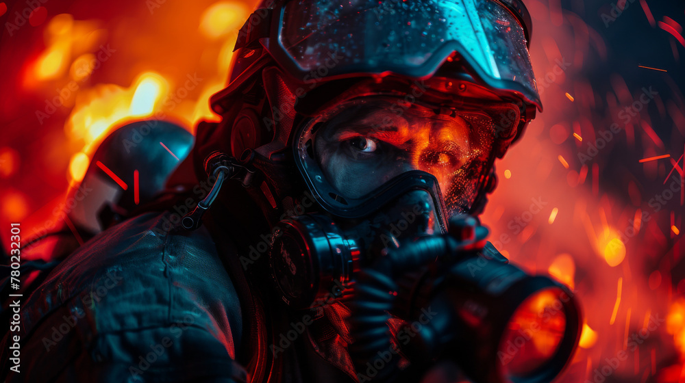 A firefighter in full gear is captured close-up against a backdrop of intense flames and sparks. A firefighter in full gear is captured close-up against a backdrop of intense flames and sparks.