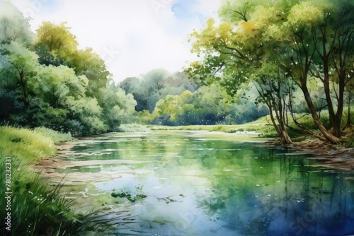 landscape beautiful pond surrounded by lush greenery. reflections of sky and trees calm water surface, conveying a sense of peace and serenity. Illustration, watercolor painting on textured paper