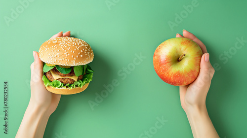 Unhealthy vs Healthy food. Burger and apple in different hands on green background . Choice between fast foods and vegetables, fruit photo
