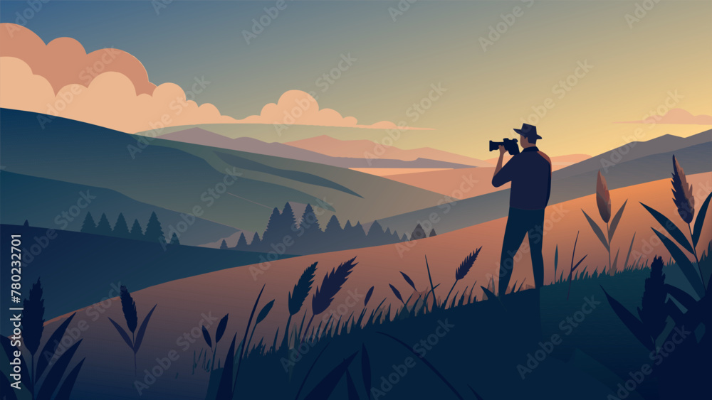 In the fading light of a summer evening a person with a camera in hand wades through tall grasses trying to capture the play of light and - obrazy, fototapety, plakaty 