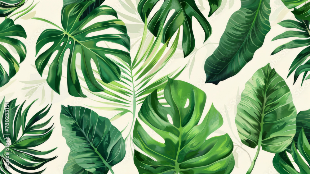 Tropical leaves seamless pattern, green monstera and palm leaves on beige background