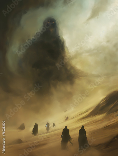 A group of people are walking through a desert, with a large, DnD Detailed fantasy desert landscape