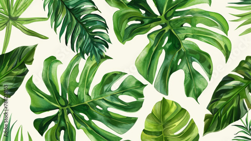 Tropical leaves seamless pattern  green monstera and palm leaves on beige background