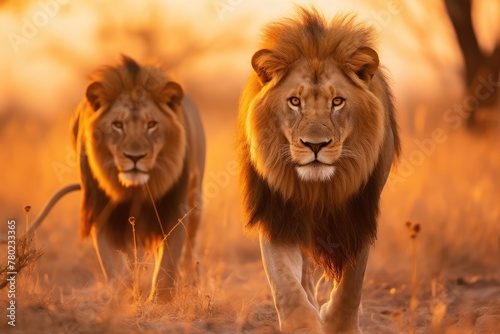 Majestic lions roaming freely on the golden savannah grasslands, bathed in the warm hues of the setting sun, showcasing the pride's regal demeanor and unity